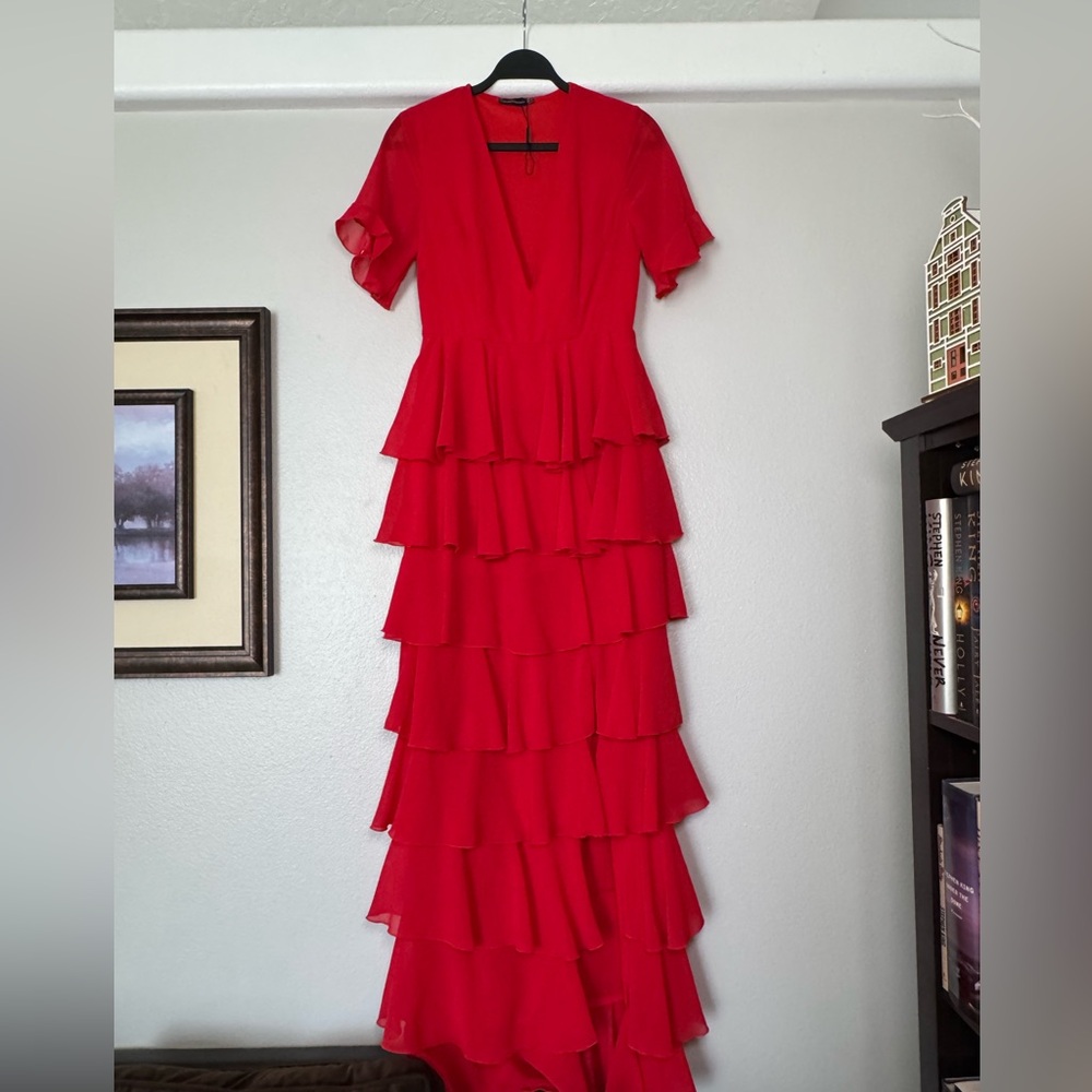 PrettyLittleThing Red Chiffon Ruffle Layer Maxi Dress Size 4 - Picture 2 of 11